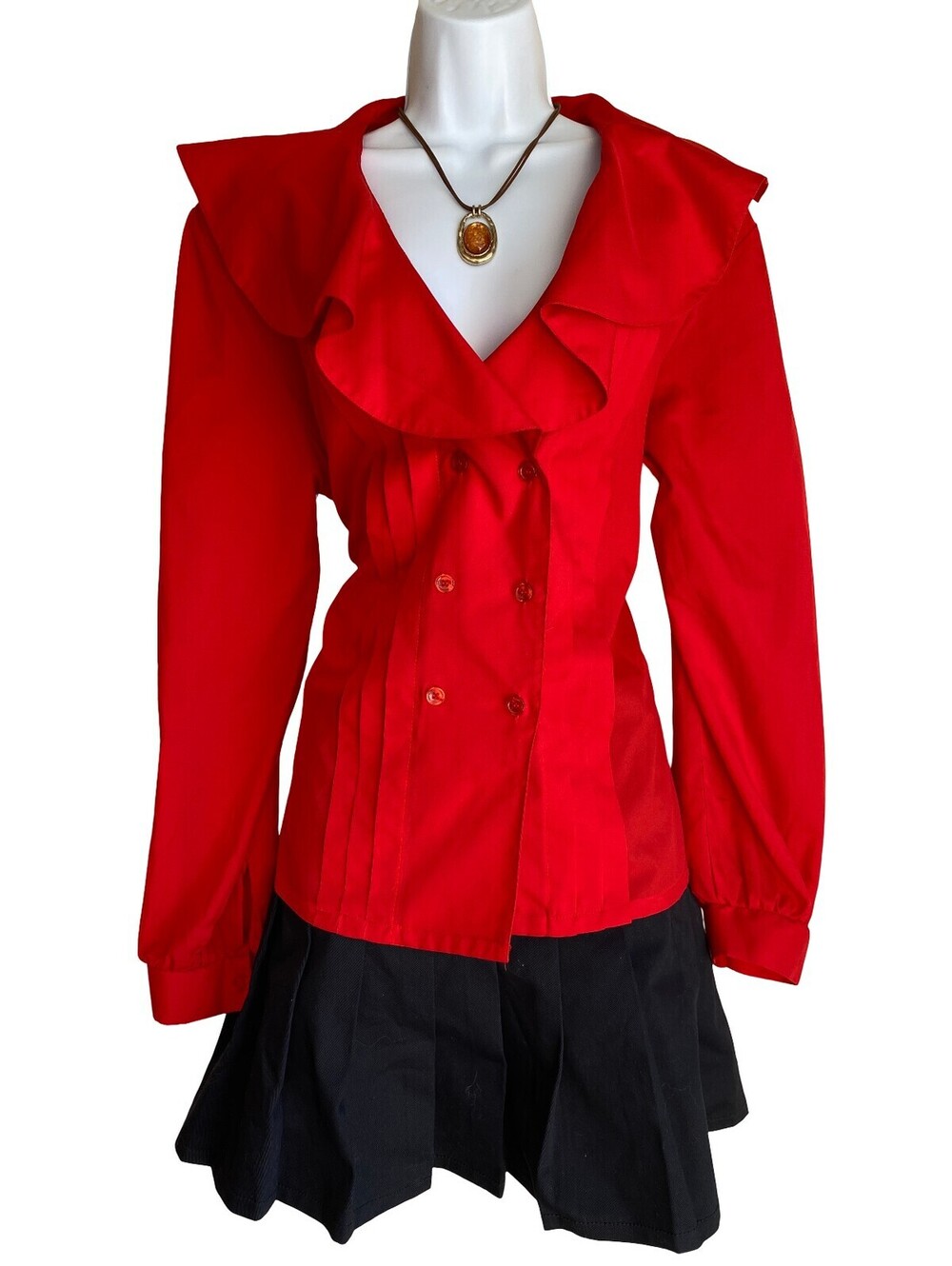 Vintage Judy Bond Plus 18 Red Ruffle Front Button Up Blouse Fall Coquette Office